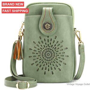 Small Vegan Leather Crossbody Bag with Tassels, 3 Pockets, Phone Purse